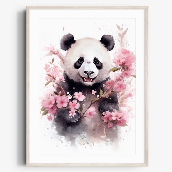 Other - Watercolor Panda Bear With Flowers Portrait Wall Art Illustration Print Unframed